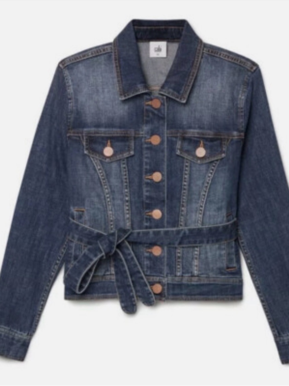 Cabi Dylan Denim Tie-Waist Jean Jacket, Dark Blue, Raw Edge